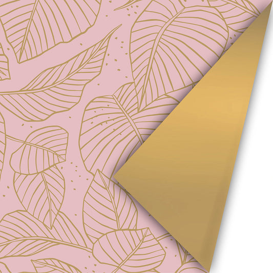 Cadeaupapier striped leaves pink/gold 50cm